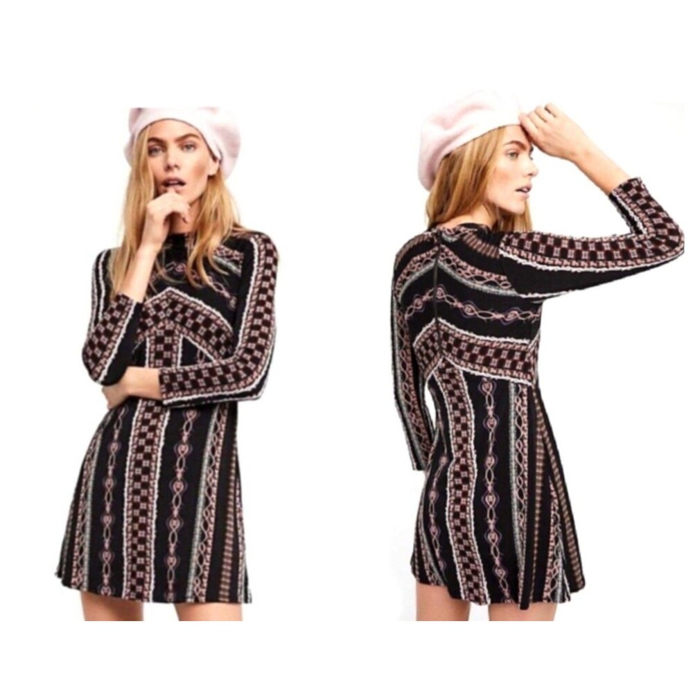 FREE PEOPLE Stella Mini Dress Black Multi Print Sz XS Long Sleeves Retro Boho